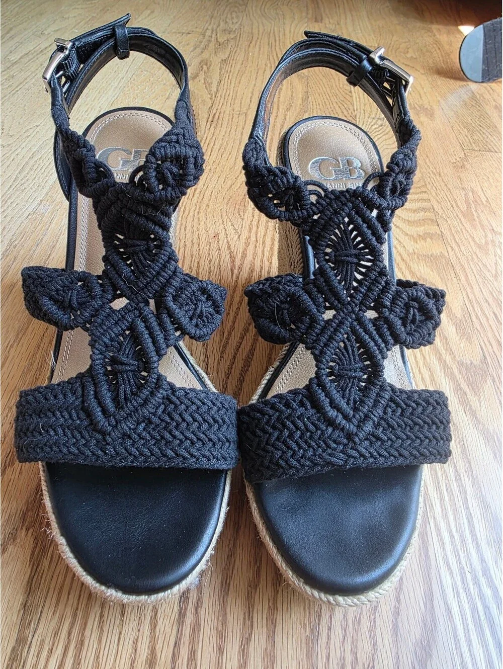 Boho Gianni Bini Black Macramé Woven Espadrille Platform Wedge Sandals